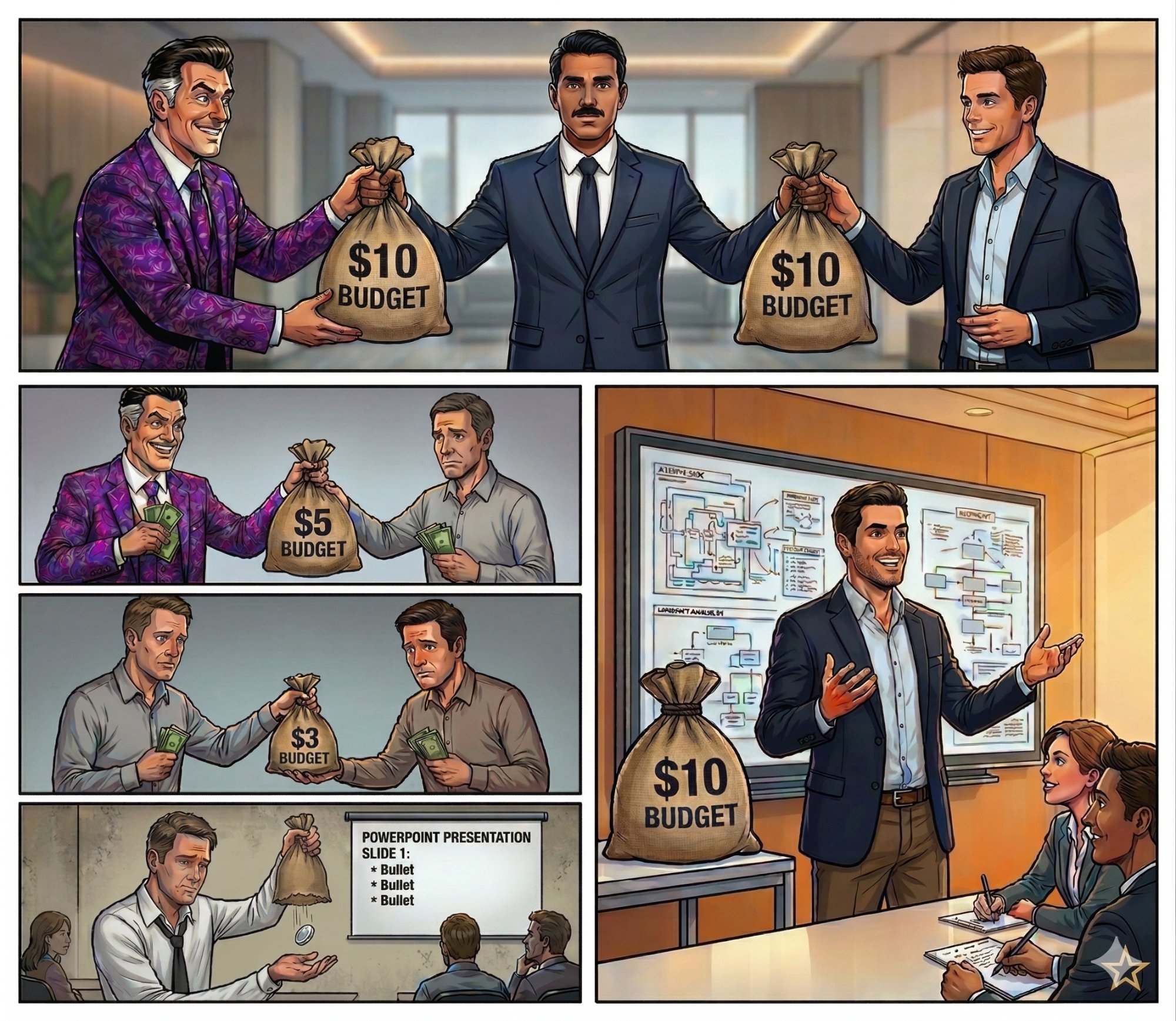 Budget flow comparison — subcontractor chain vs. direct model